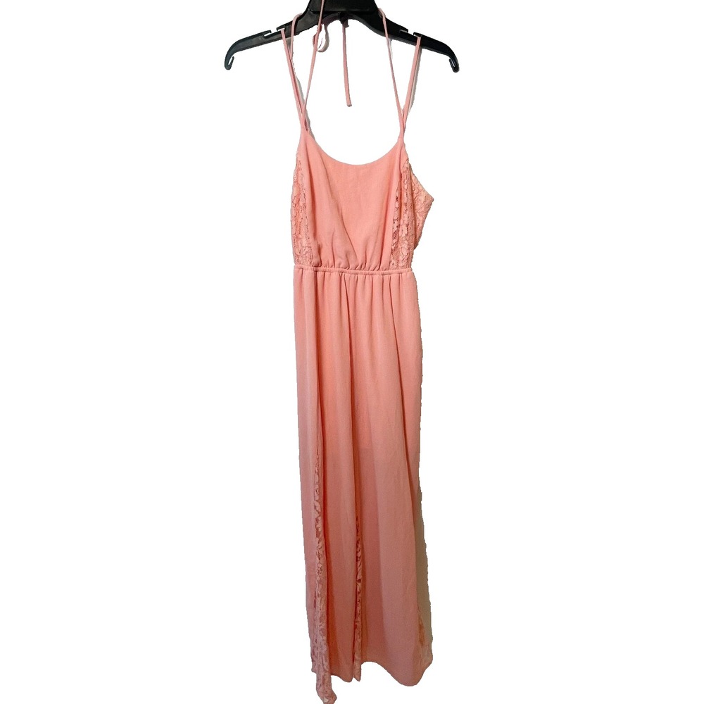 Candie's Peach Coral Lace‎ Inset Maxi Dress Size M Halter Neck Boho Summer